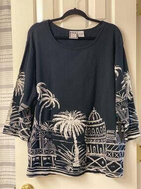 Take Two Clothing Co. Black 3/4 Sleeve Palm Tree Graphic Print Tunic Top Size 3X